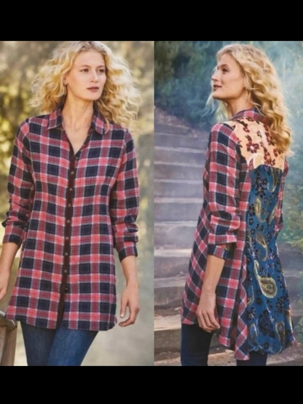 Soft Surroundings Kensington Boho Plaid Floral Tunic Shacket Velvet Sz XL